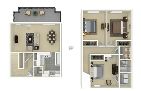 Floor plan for 3 beds, 1.5 baths, 1307 sqft